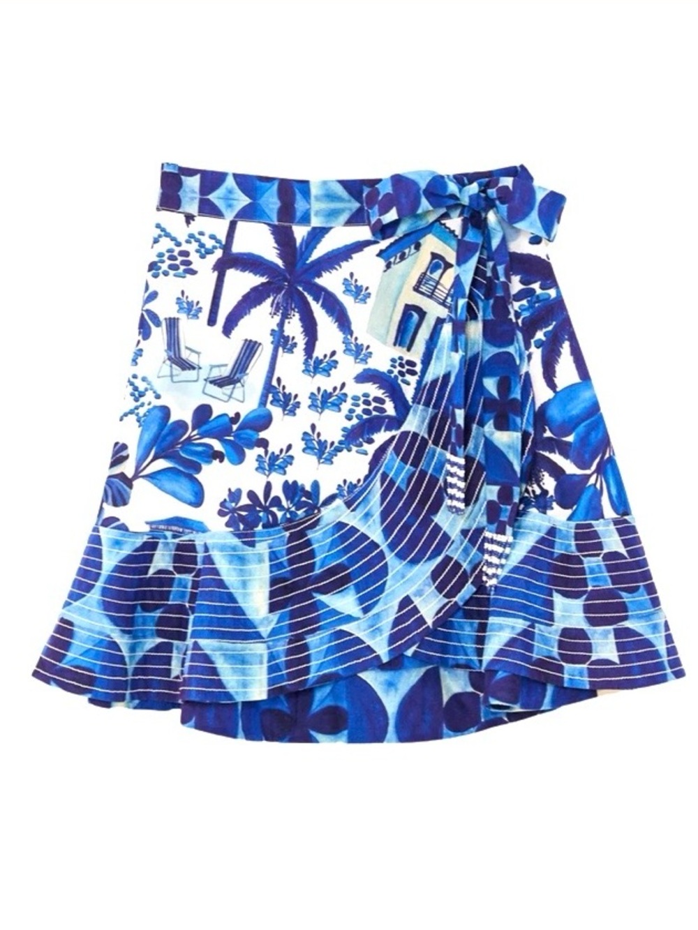 FARM Rio Sweet Rio Mix Print Cotton Wrap Skirt Tropical Lace Blue White Size M